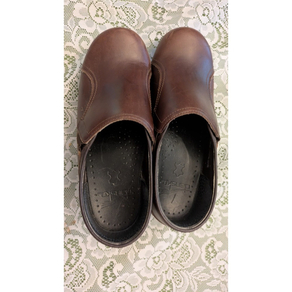 Womens Dansko Brown Leather Slip On Platform Clogs, Size 35 USA5, Artsy, Boho